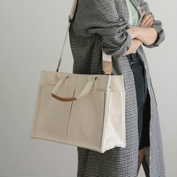 White Multi-pocket  Canvas Shoulder Bag