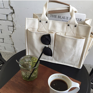 White Multi-pocket  Canvas Shoulder Bag