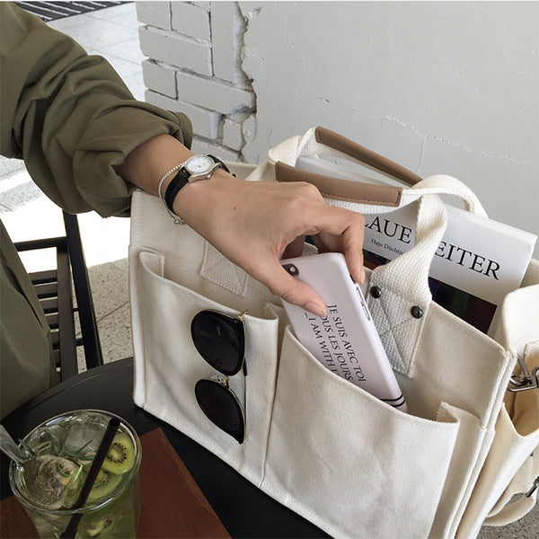 White Multi-pocket  Canvas Shoulder Bag